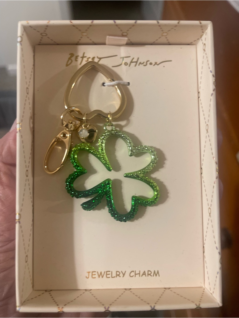 Betsey Johnson Green Glitter Four-Leaf Clover Keychain Charm